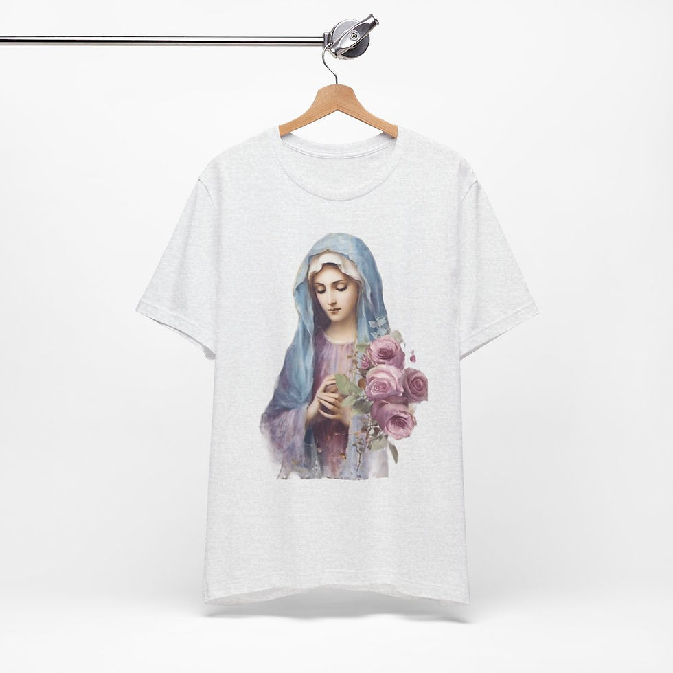 Thumbnail: Virgin Mary T-Shirt Shabby Pink Roses Ave Maria Art Tee Catholic Faith Gift