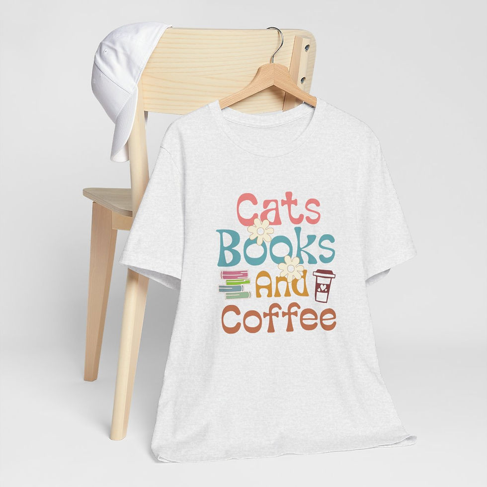Thumbnail: Reading Theme T-Shirt Cats Book and Coffee Expressive Apparel Artistic Gifts