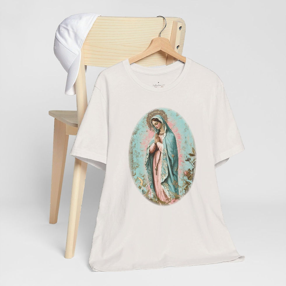 Thumbnail: Virgin Mary T-Shirt Shabby Pink Roses Mother Mary Praying Catholic Art Tee