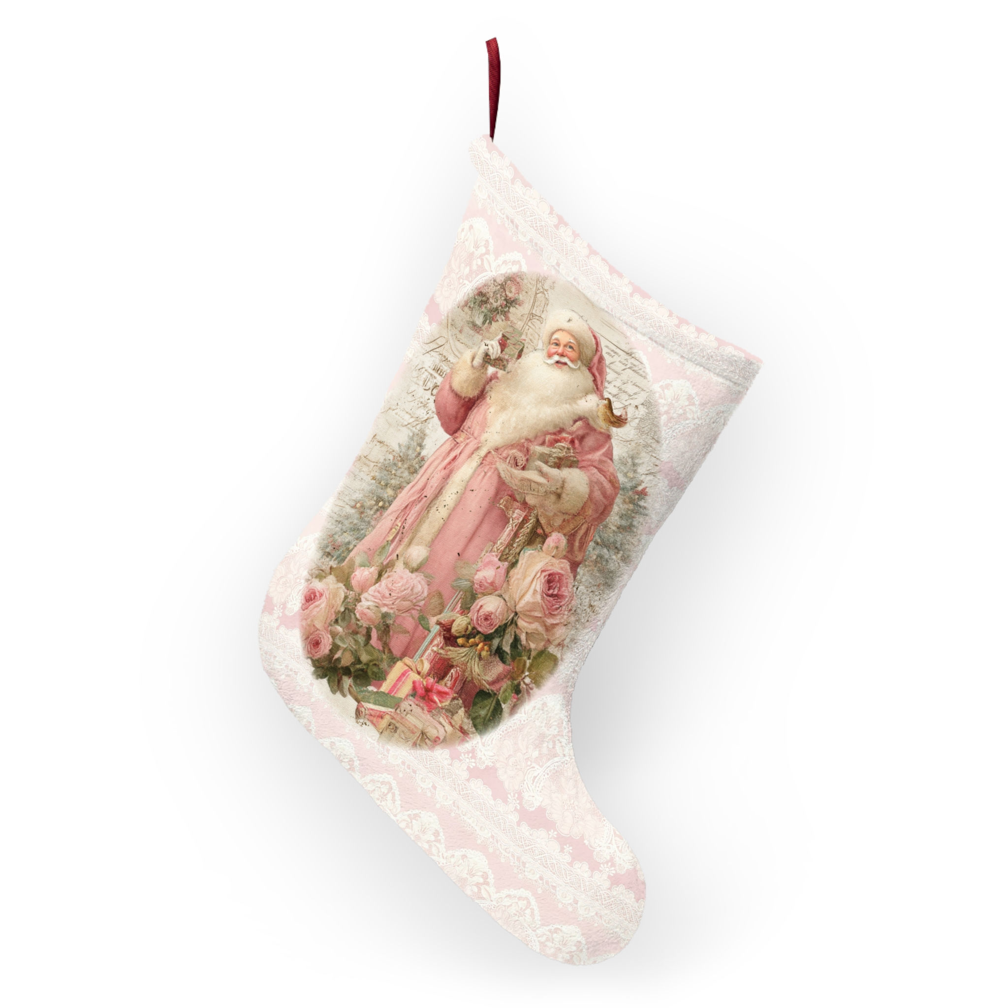 Pink Victorian Santa Claus Christmas Stocking - Shabby Chic Holiday Decor