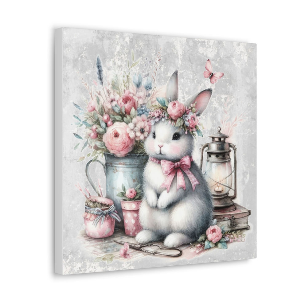 Thumbnail: Shabby Chic Art Canvas Spring Print Bunny Pink Roses Pastel Cottage Decor
