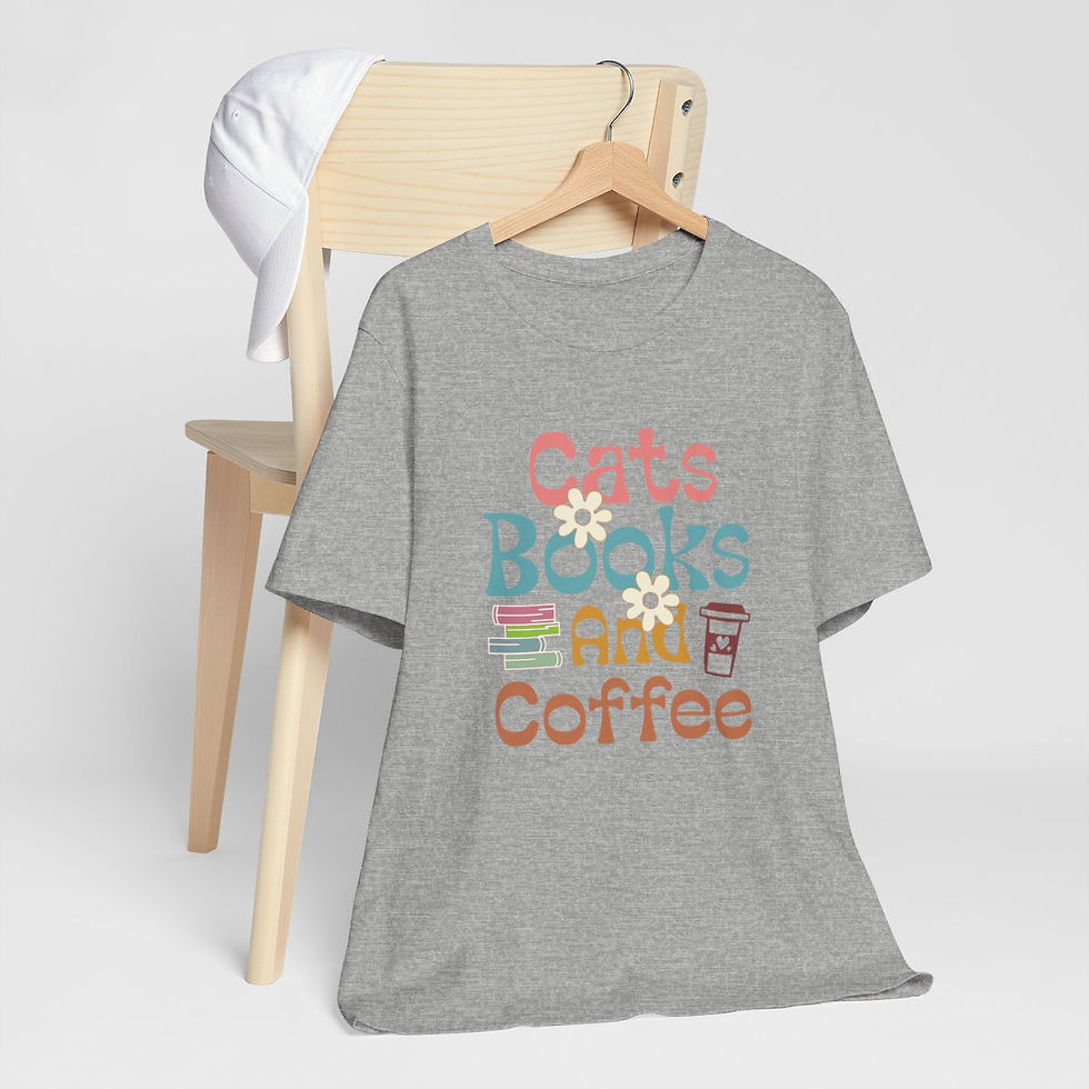 Thumbnail: Reading Theme T-Shirt Cats Book and Coffee Expressive Apparel Artistic Gifts