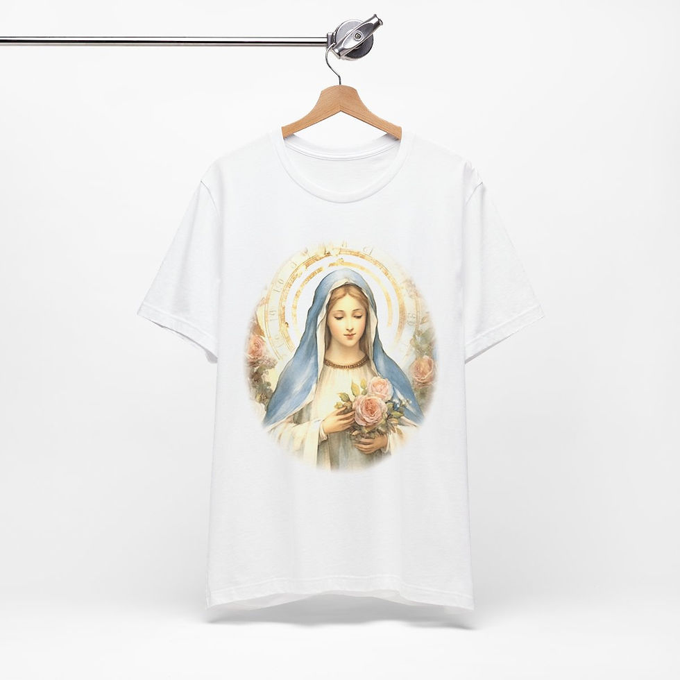Thumbnail: Virgin Mary T-Shirt Pink Rose Shabby Chic Ave Maria Art Tee Catholic Faith Gift