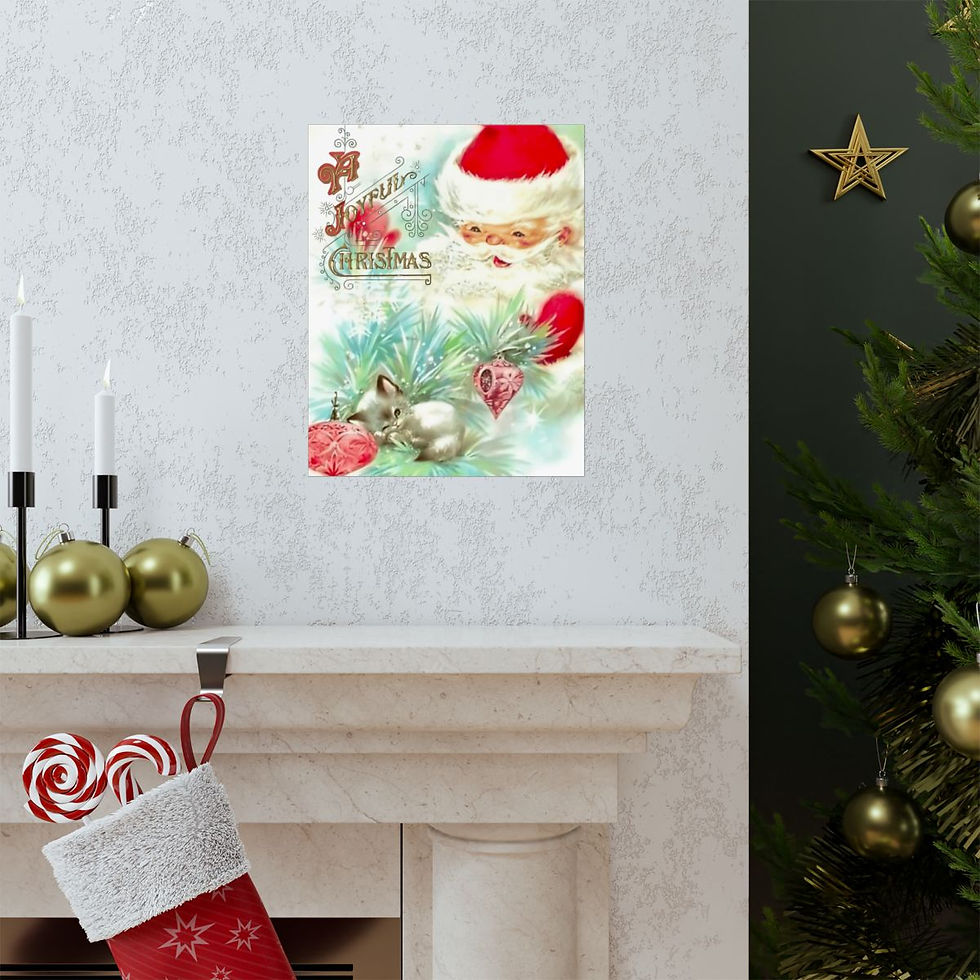 Thumbnail: Retro Kitten & Santa Christmas Art Print Vintage Holiday Decor Wall Hanging