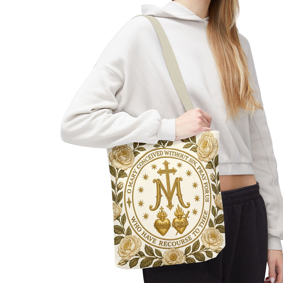 Thumbnail: Artistic Catholic Tote Bag – Miraculous Medal Sacred Heart, Our Lady of Grace