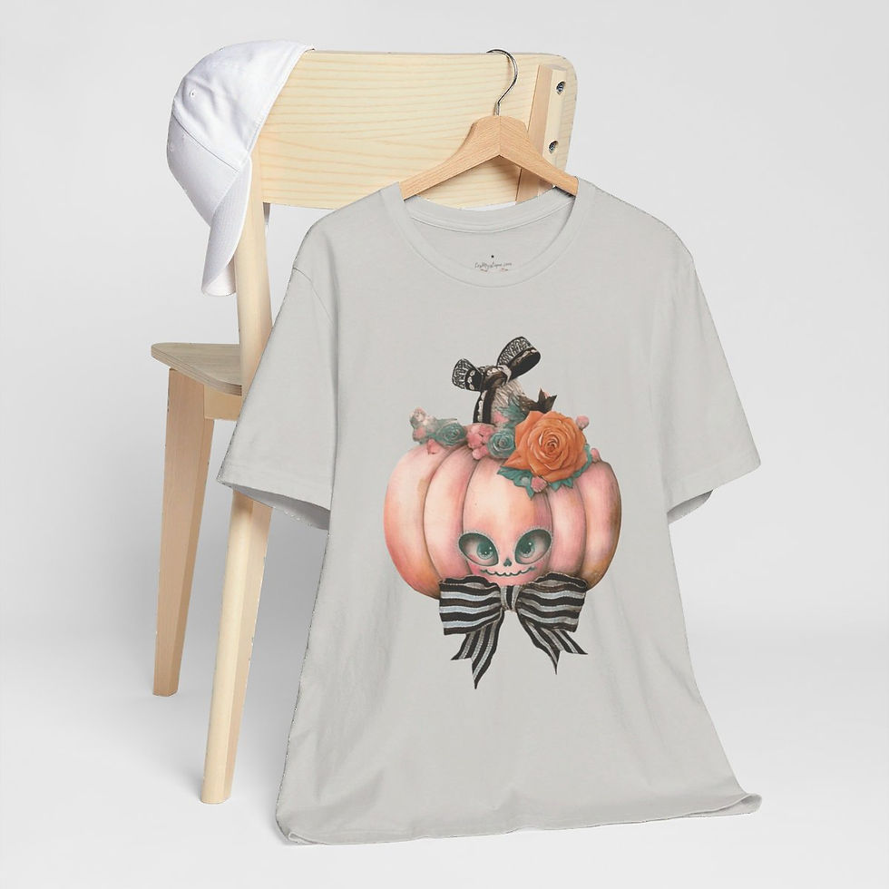 Thumbnail: Halloween T-Shirt Creepy Pumpkin Shabby Pink Roses Art Tee Trendy Apparel Gift