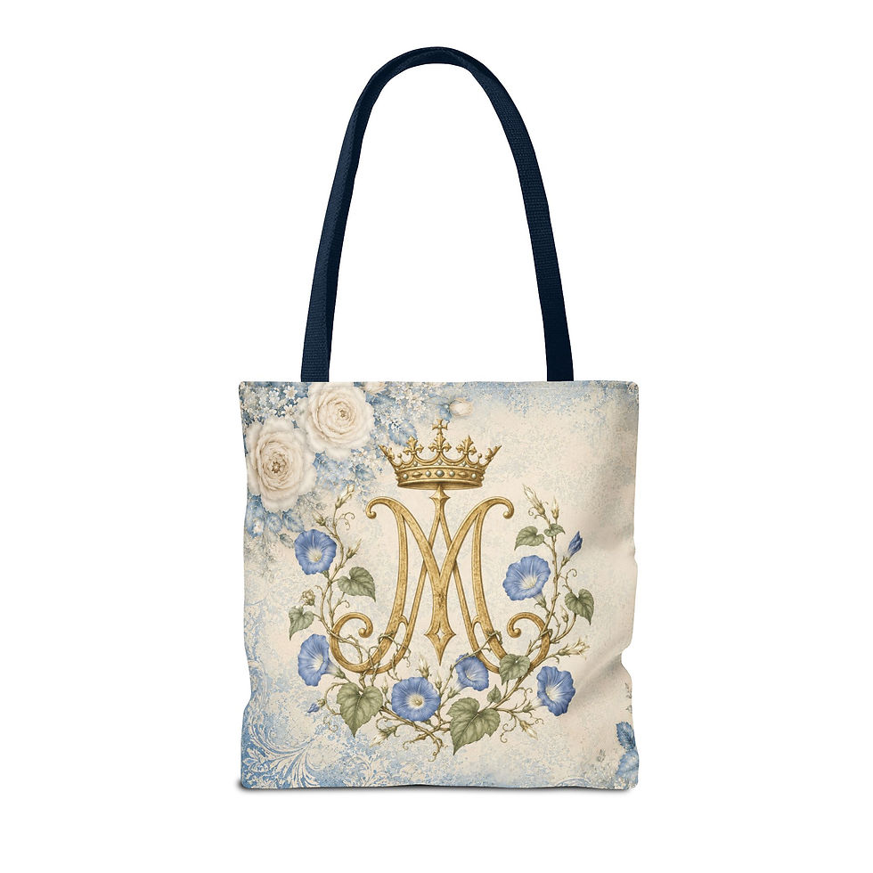 Thumbnail: Artistic Catholic Tote Bag – Auspice of Virgin Mary with Vintage Floral Print