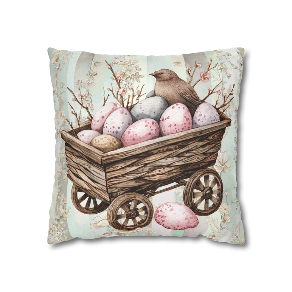 Thumbnail: Artistic Shabby Spring Throw Pillow cover Wagon Basket Eggs Bird Farmhouse Decor