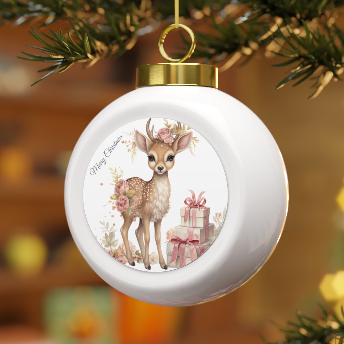 Shabby Chic Reindeer Christmas Ornament Pink Roses Christmas Decor & Gifts