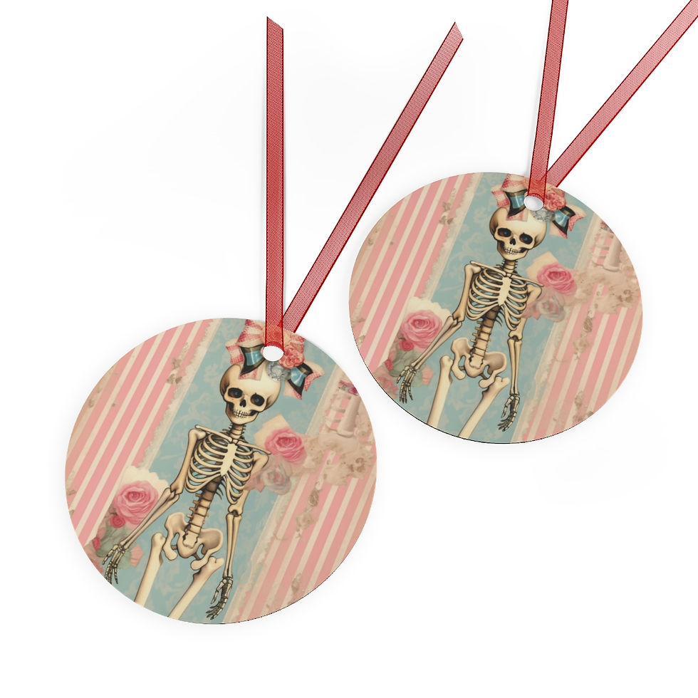 Thumbnail: Pastel Skeleton Ornament Shabby Pink Roses Artistic Halloween Decor Trendy Gifts