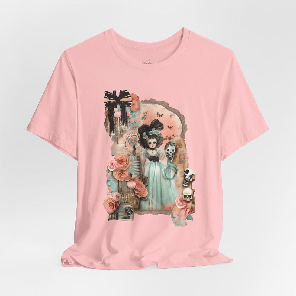 Thumbnail: Halloween T-Shirt Shabby Girl Zombie Skulls Pink Roses Art Tee Trendy Apparel