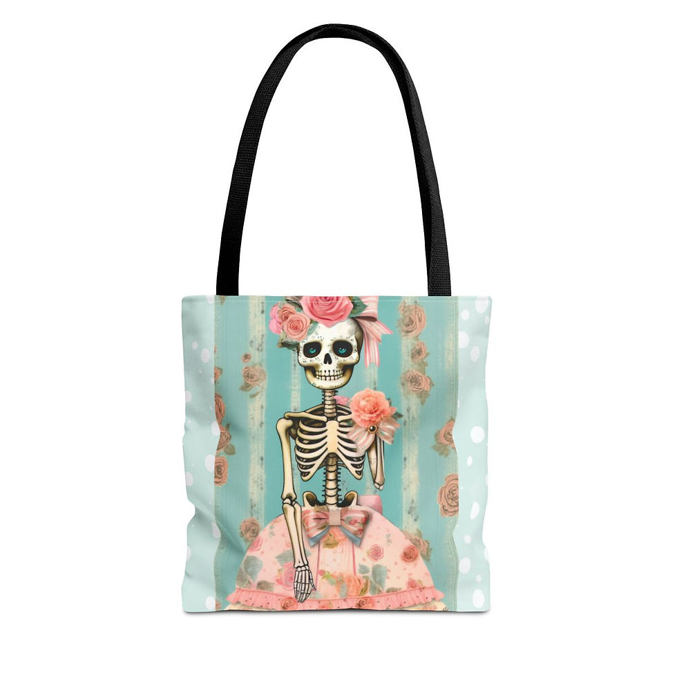 Thumbnail: Artistic Shabby Skeleton Tote Bag Pink Mint Fun Mystical Magical Expressive Gift