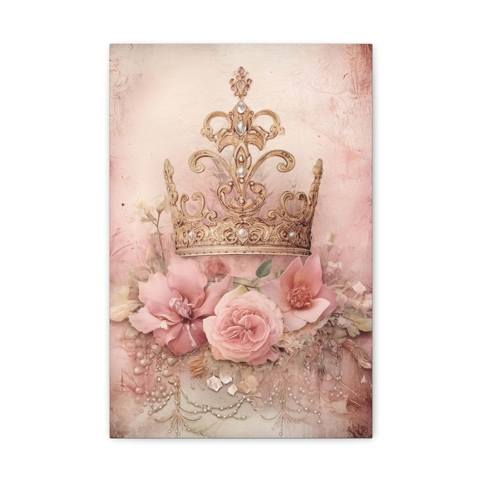 Thumbnail: Shabby Chic Canvas Art French Country Cottage Decor Pink Roses Jeweled Crown 