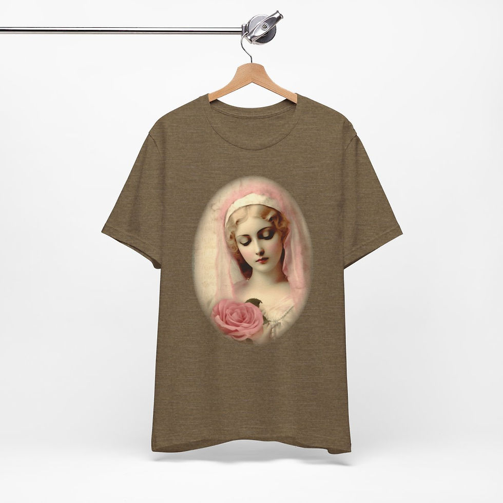Thumbnail: Virgin Mary T-Shirt Shabby French Madonna Pink Rose Art Tee Catholic Faith Gifts