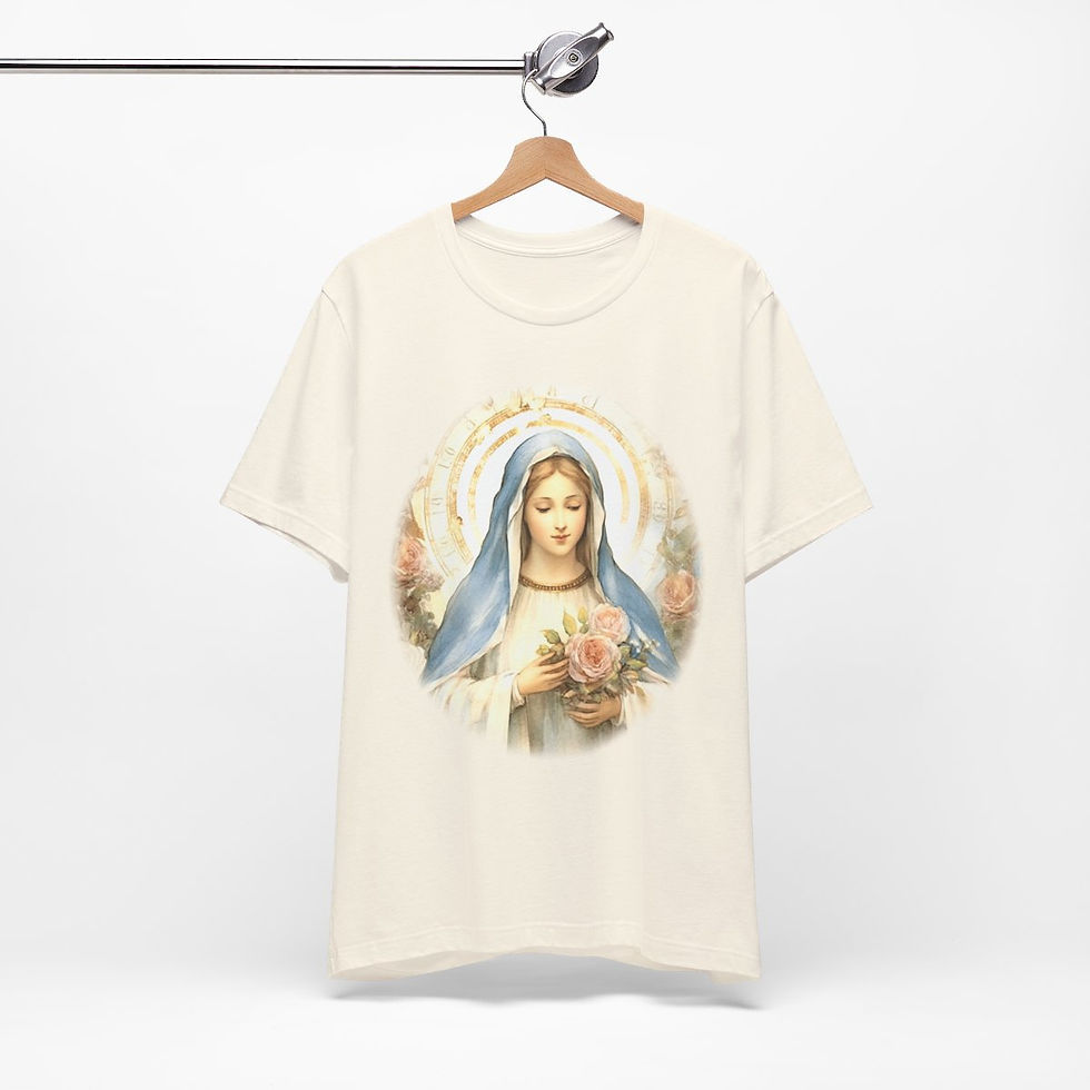 Thumbnail: Virgin Mary T-Shirt Pink Rose Shabby Chic Ave Maria Art Tee Catholic Faith Gift