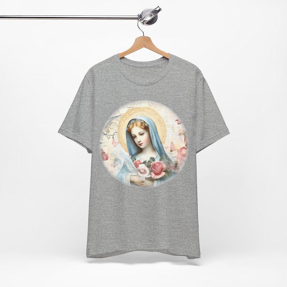 Thumbnail: Virgin Mary T-Shirt Pink Rose Shabby Chic Ave Maria Art Tee Catholic Faith Gift