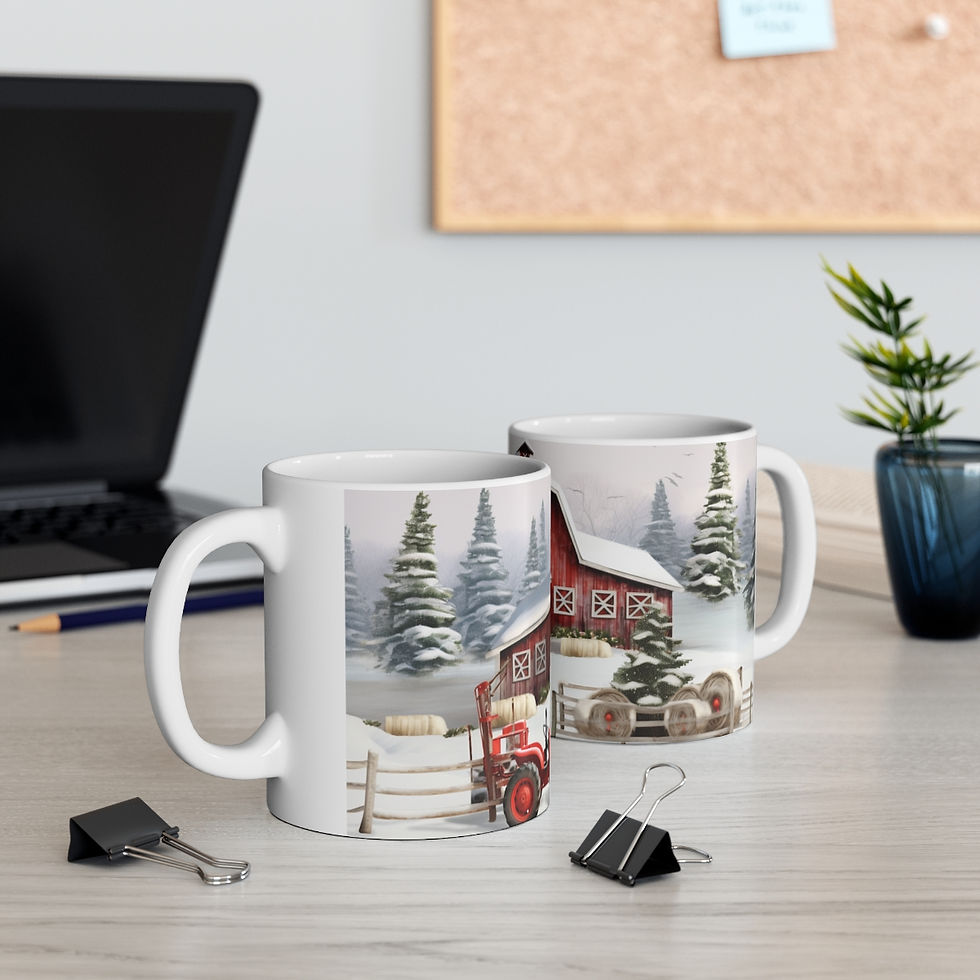 Thumbnail: Farmhouse Christmas Barn & Tractor Snowy Scene Coffee Mug Artistic Holiday gifts