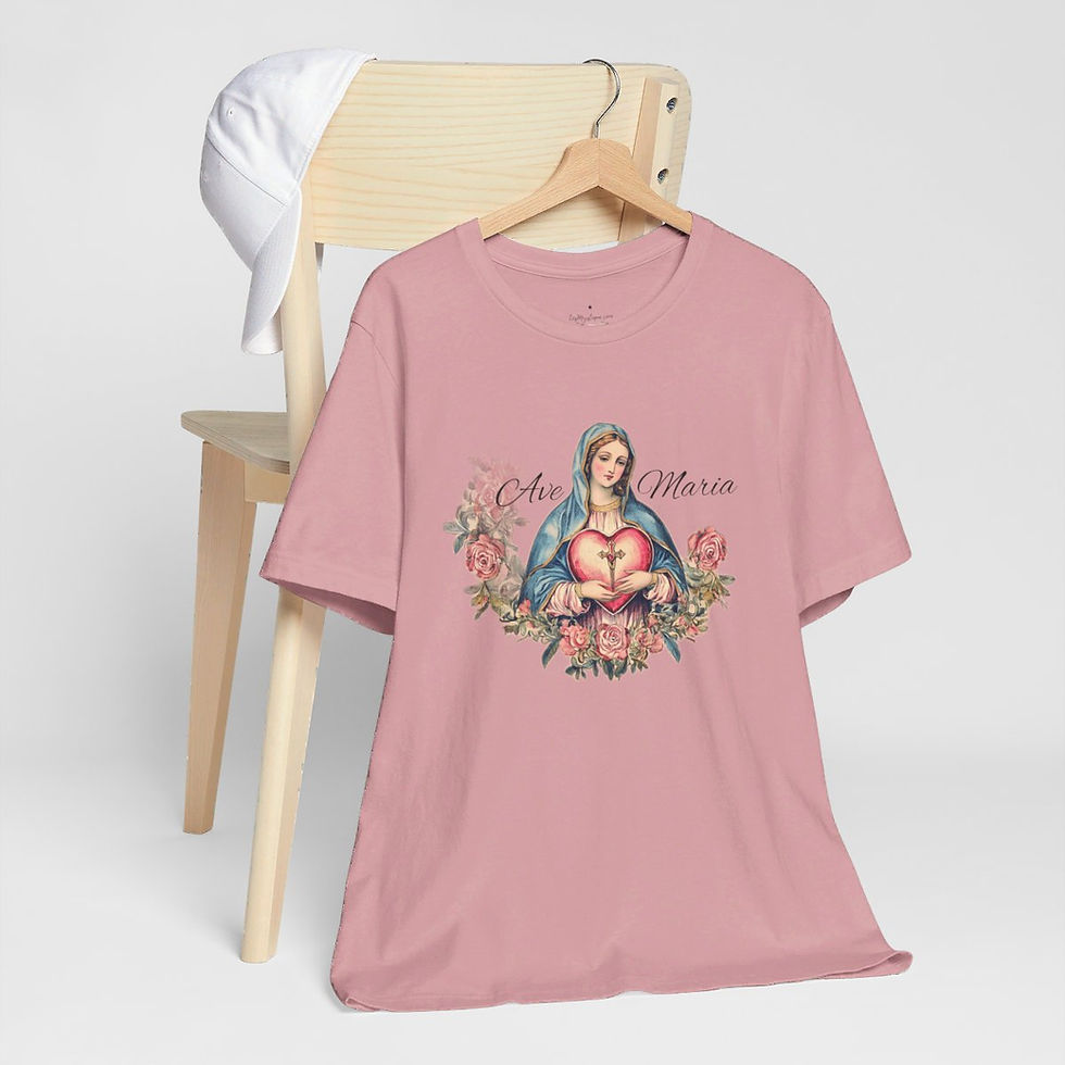 Thumbnail: Virgin Mary T-Shirt Shabby Mother Mary Ave Maria Pink Roses Catholic Art Tee