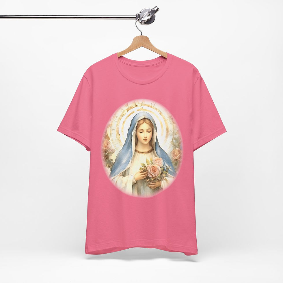 Thumbnail: Virgin Mary T-Shirt Pink Rose Shabby Chic Ave Maria Art Tee Catholic Faith Gift