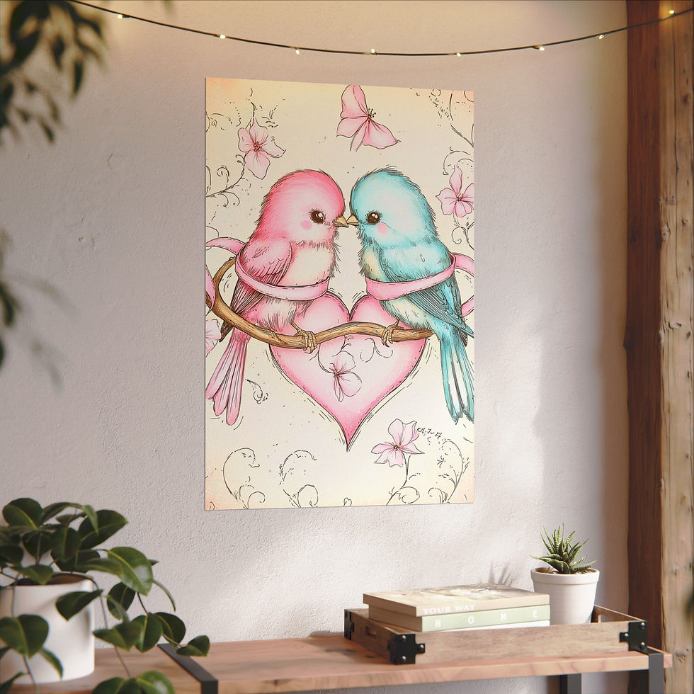 Thumbnail: Love Birds Watercolor Art Print Shabby French Country Decor Pastel Pink & Blue
