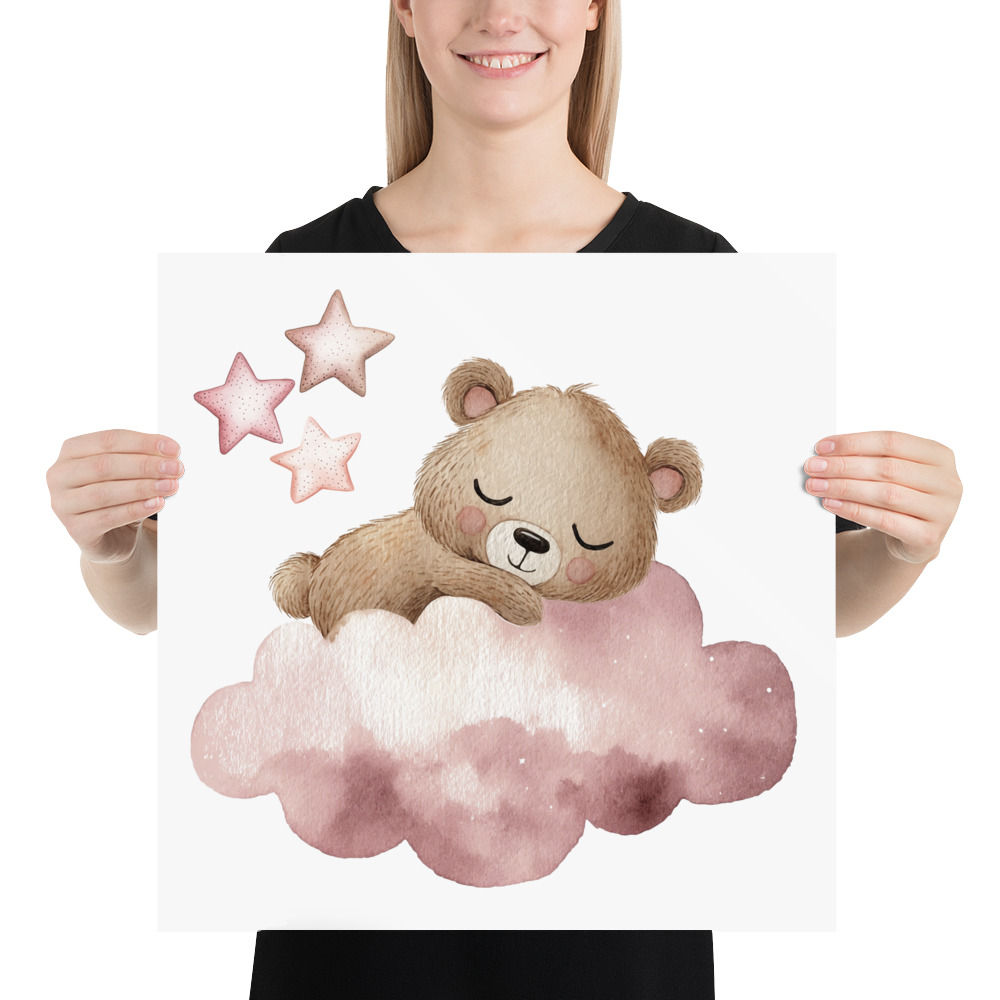 Children's Nursery Decor, Sleeping Baby Bear on Cloud Watercolor Art Print