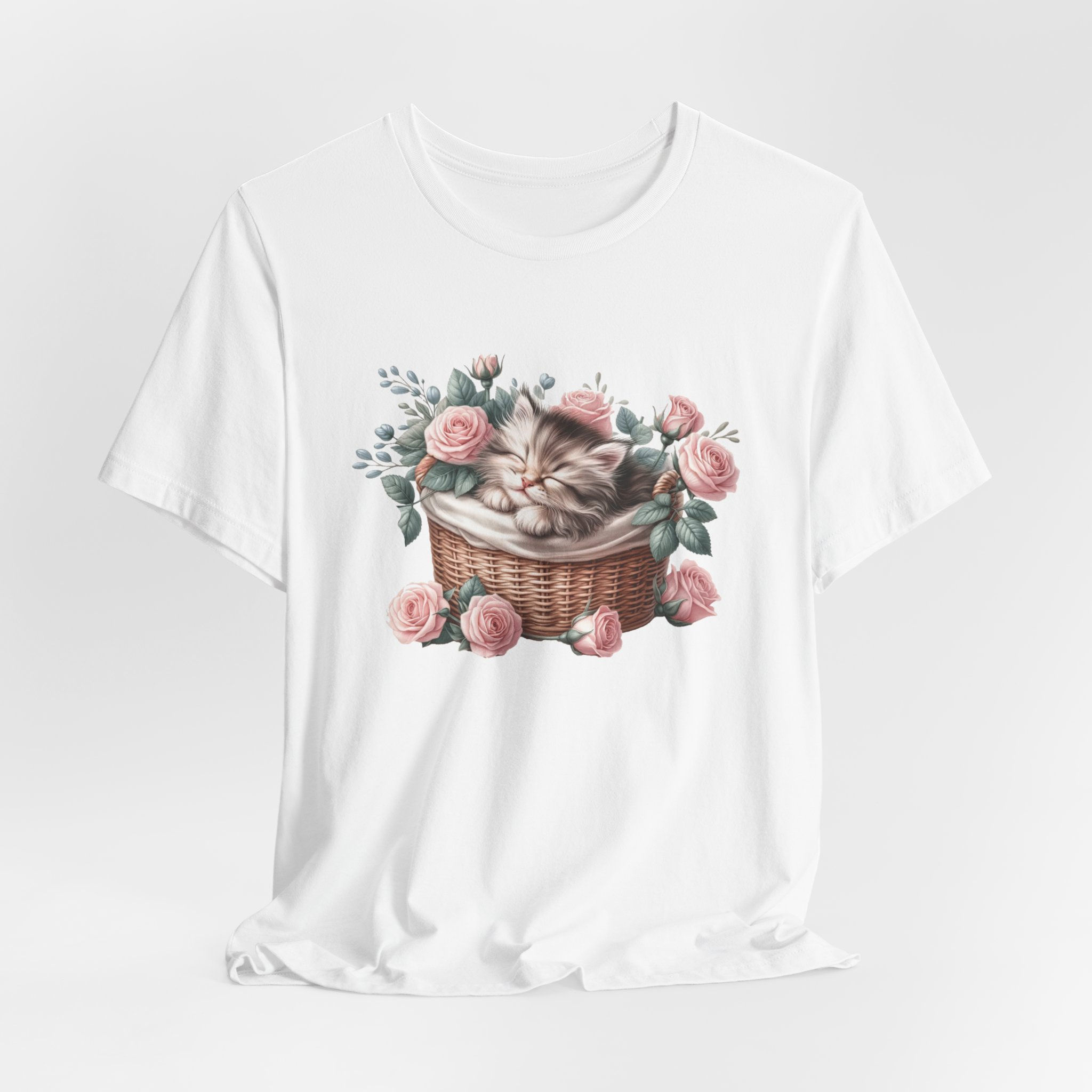 Cat Lover Art T-Shirt Shabby Kitten Sleeping in Basket Pink Roses Artistic gift