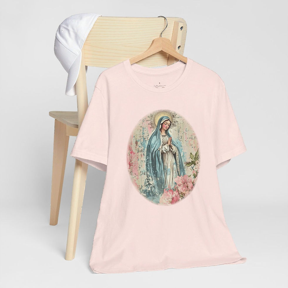 Thumbnail: Virgin Mary T-Shirt Shabby Mother Mary Praying Pink Catholic Art Tee