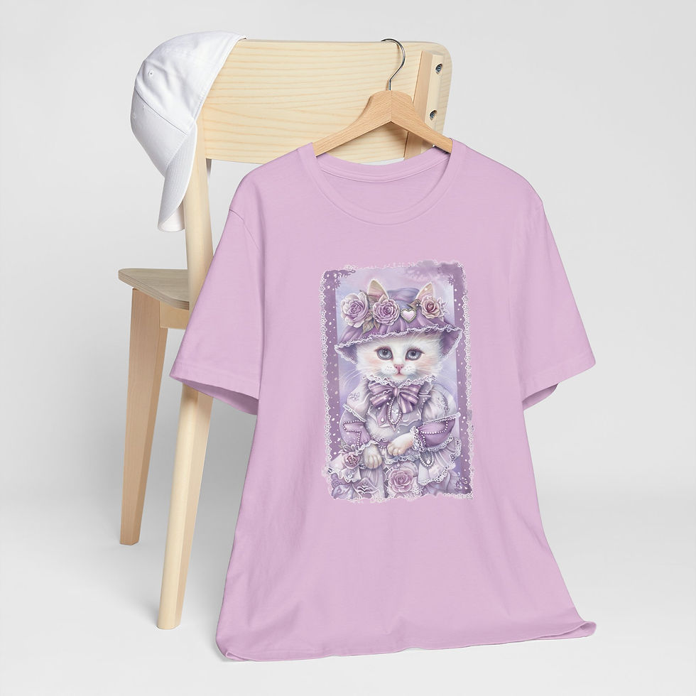 Thumbnail: Victorian White Cat Art T-Shirt Shabby Roses Bonnet Hat Artistic Cat Lover Gift