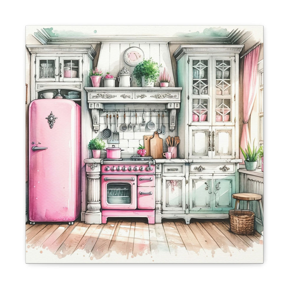 Thumbnail: Pink Retro Kitchen Art Shabby Cottage Farmhouse Kitchen Art Canvas Wall decor