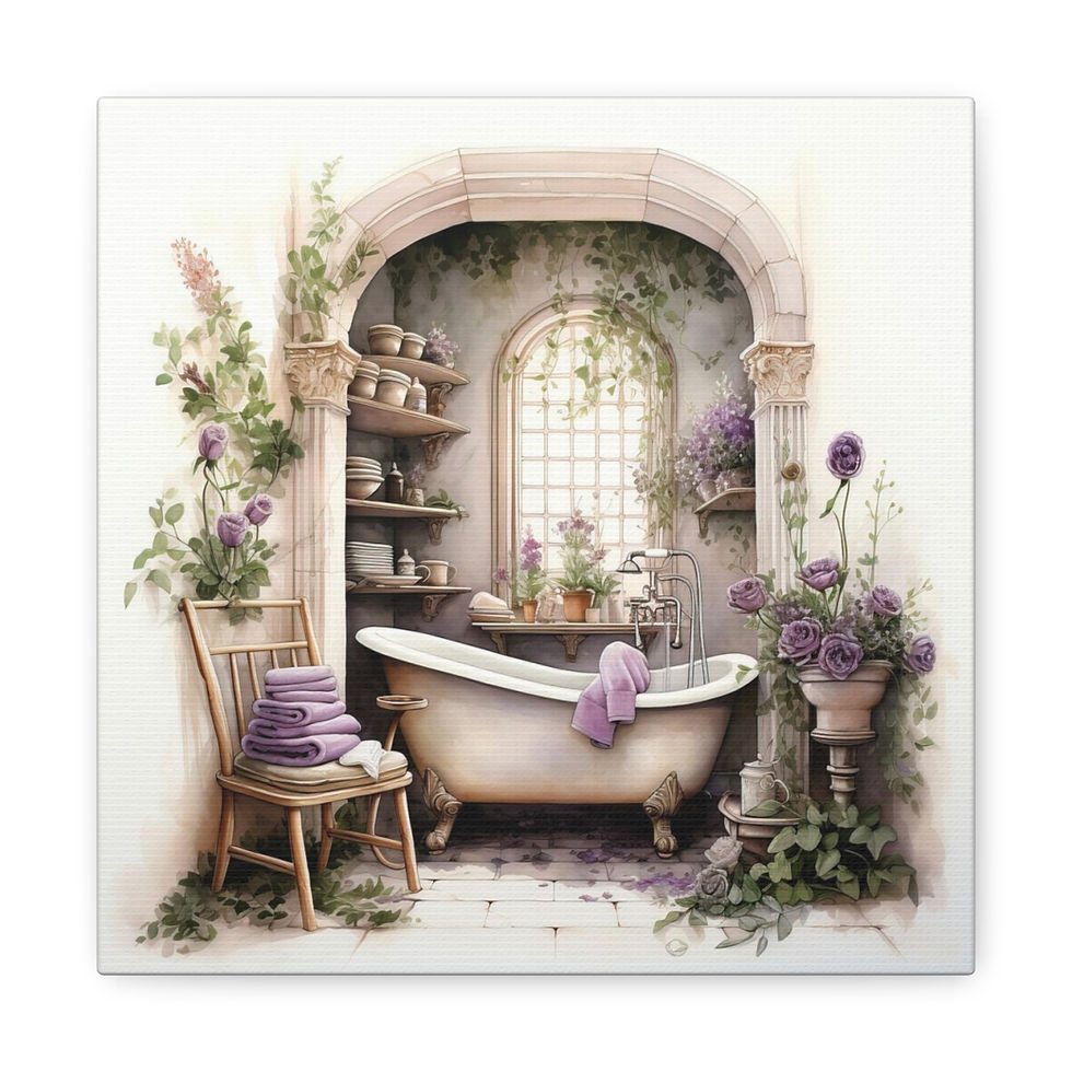Thumbnail: Shabby Bathroom Art Victorian Tub Purple Roses French Country Canvas Print