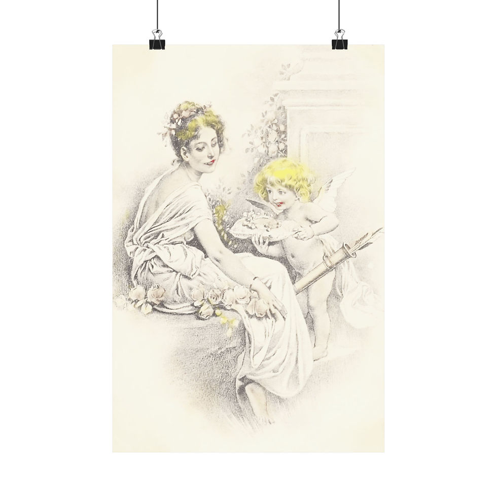Thumbnail: Vintage Cupid Art Print Victorian Woman with Cherub Wall Hanging Romantic Decor