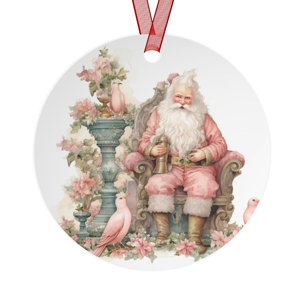 Thumbnail: Shabby Victorian Christmas Ornament Santa & Bird Artistic Pink Christmas Decor