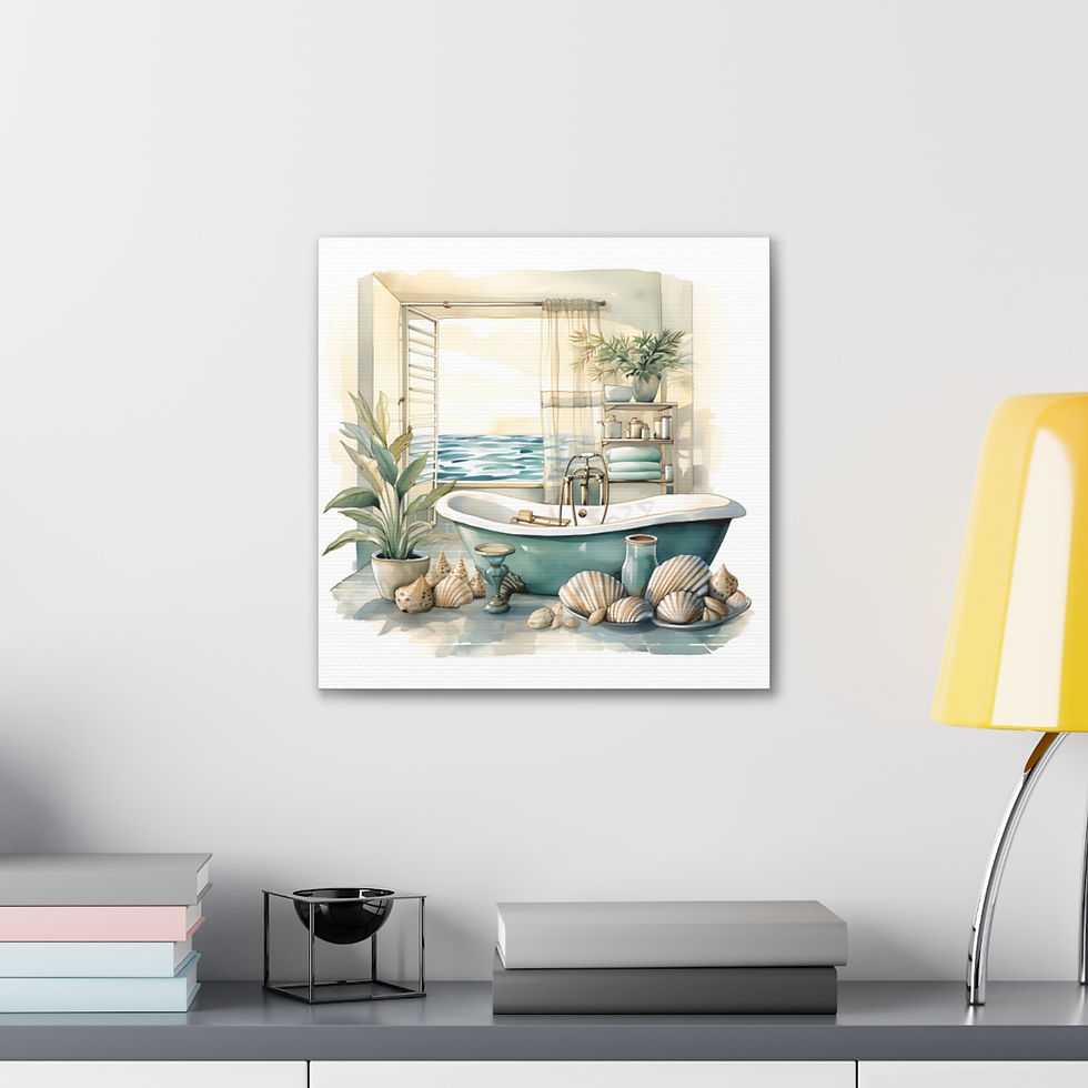 Thumbnail: Beachy Bathroom Canvas Art Clawfoot Tub Sea Shells Beach Decor Watercolor Print