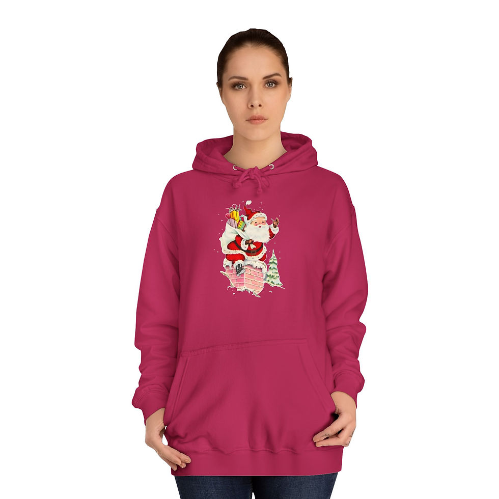 Thumbnail: Retro Christmas Hoodie Santa Going Down Chimney Cozy Sweatshirt w/Pockets 