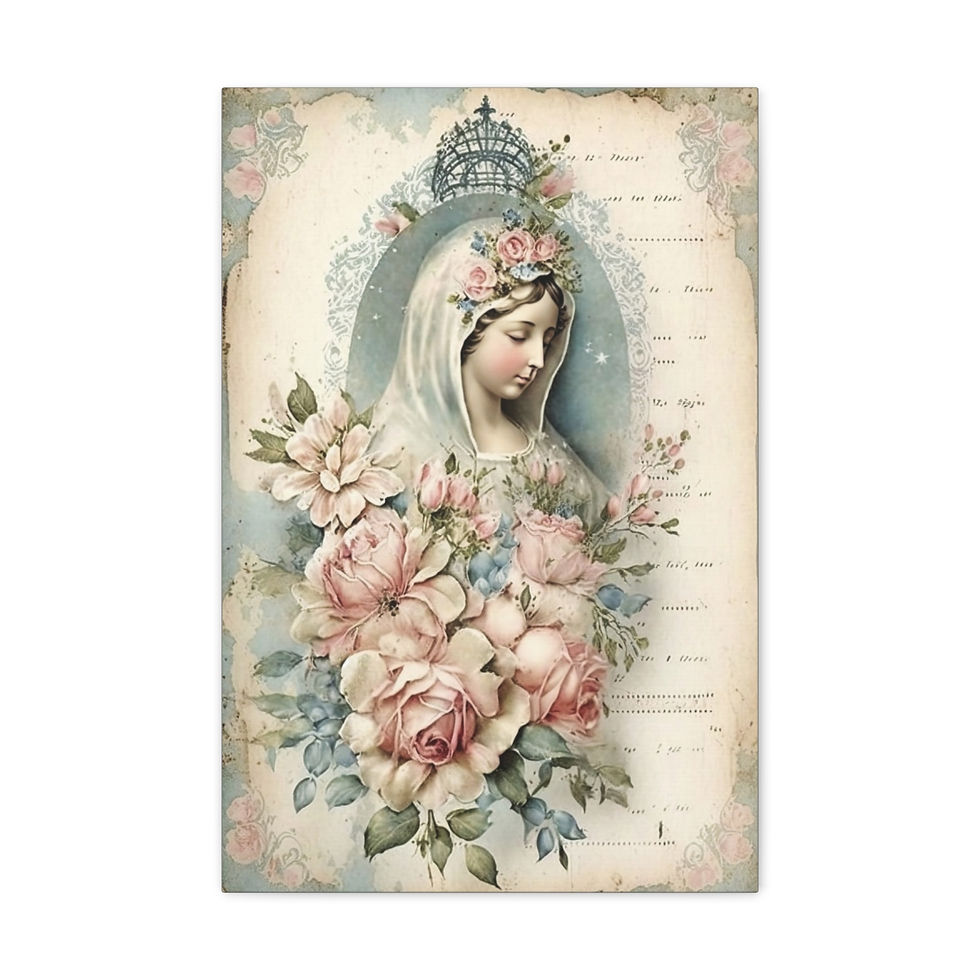 Thumbnail: Shabby Virgin Mary Canvas Art Vintage Pink Roses Crown Pastel Religious Decor