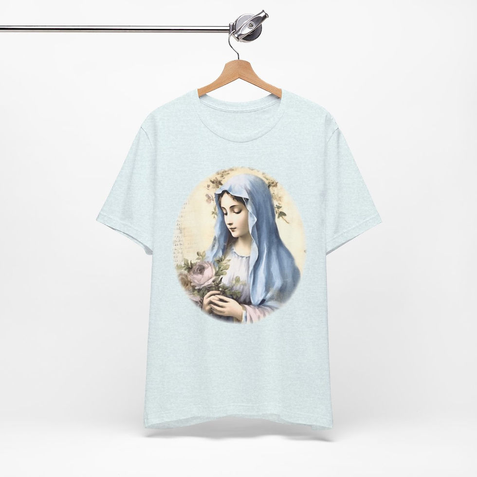 Thumbnail: Virgin Mary T-Shirt Pink Rose Shabby Chic Ave Maria Art Tee Catholic Faith Gift