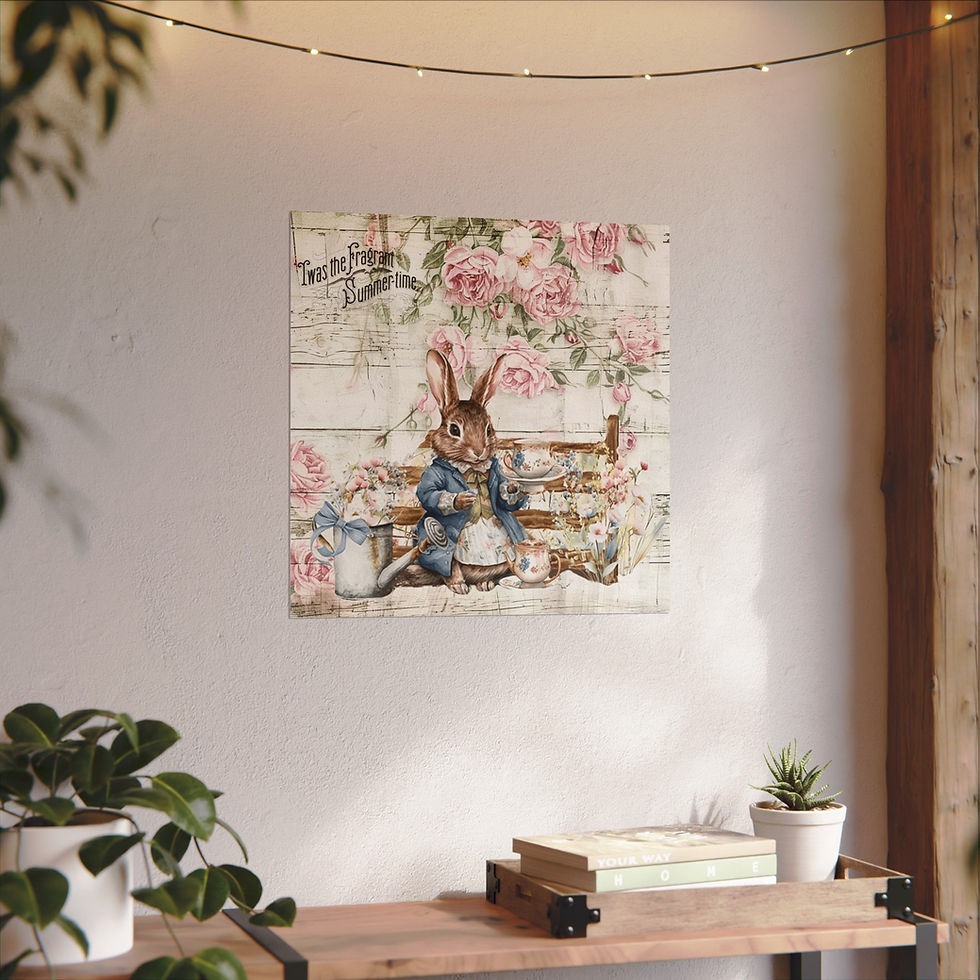 Thumbnail: Shabby Art Print Pastel Bunny Tea party Pink Roses French Country Cottage decor