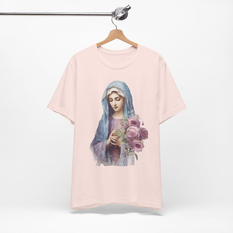 Thumbnail: Virgin Mary T-Shirt Shabby Pink Roses Ave Maria Art Tee Catholic Faith Gift
