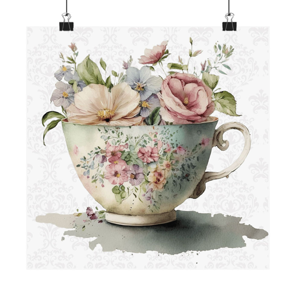Thumbnail: Shabby Tea Art Print Pastel Pink Victorian Roses & Teacup Kitchen Wall Decor
