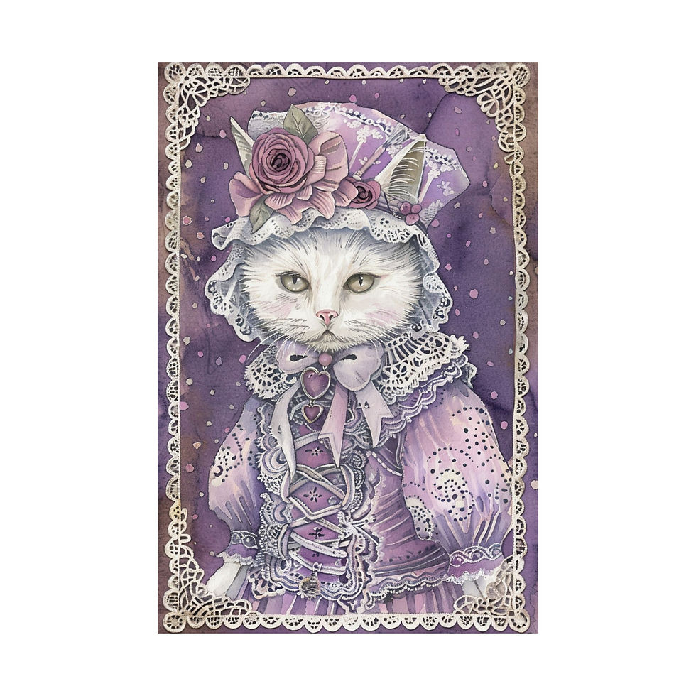 Cat Art Print - Cat in Bonnet Shabby Victorian Cat Lover Gift Purple Wall Decor