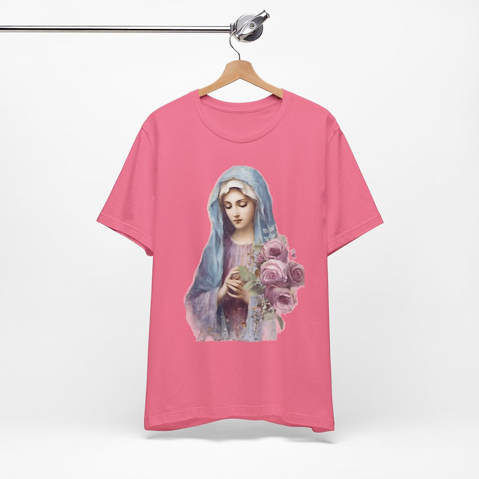 Thumbnail: Virgin Mary T-Shirt Shabby Pink Roses Ave Maria Art Tee Catholic Faith Gift