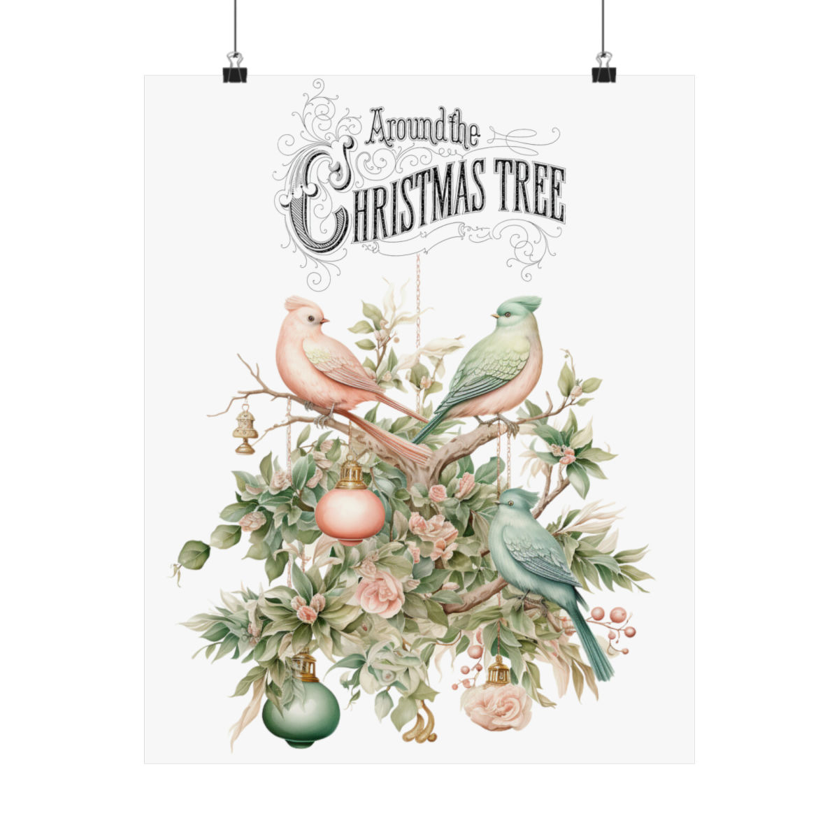 Nostalgic Vintage Christmas Decor Shabby Chic Birds Art Print Pink Green