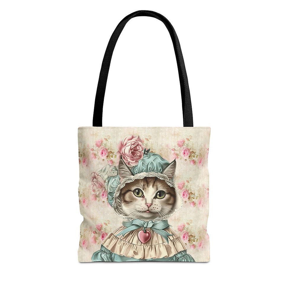 Thumbnail: Artistic Tote Bag - Shabby Cat Victorian Kitten Bonnet Pink Roses Trendy Gifts