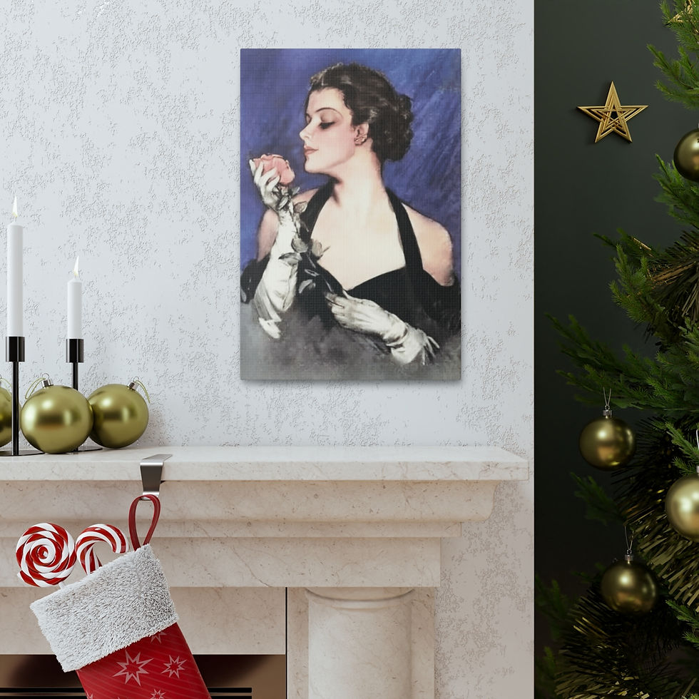 Thumbnail: Vintage Canvas Wrapped Art Harrison Fisher Woman w/ pink Rose Retro Glam Decor 