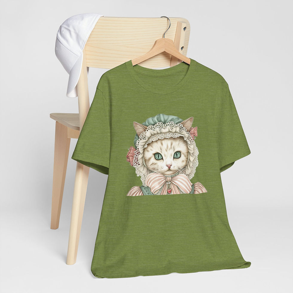 Thumbnail: Victorian Cat Art T-Shirt Shabby Mint & Pink Rose Hat Artistic Cat Lover Gift