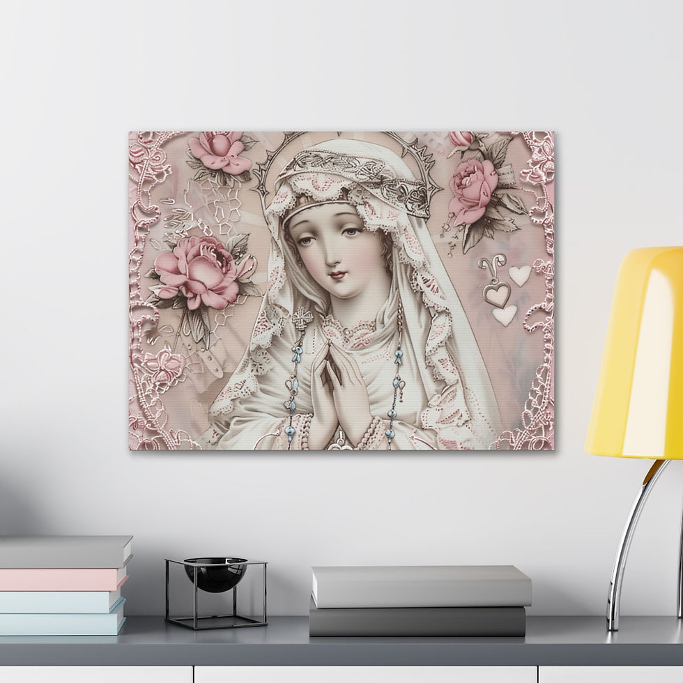 Thumbnail: Shabby Virgin Mary Canvas Art Pink Roses Vintage White Pastel Religious Decor