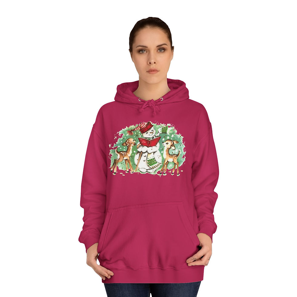 Thumbnail: Retro Snowman and Reindeer Hoodie Sweatshirt w/Pockets Cozy Winter Apparel 