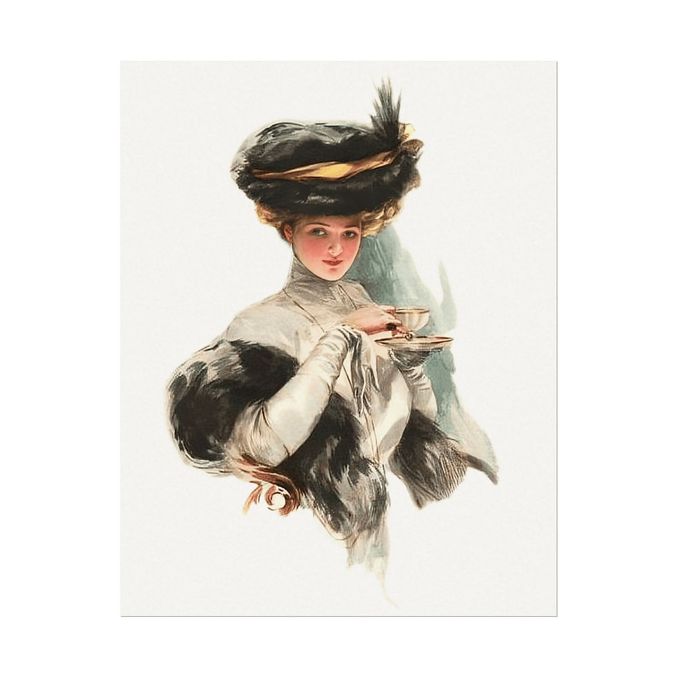 Thumbnail: Vintage Watercolor Print Victorian Woman w/ Teacup Harrison Fisher Kitchen Decor