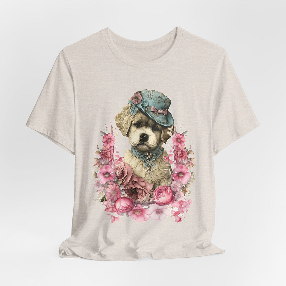 Thumbnail: Victorian Dog T-Shirt Shabby Dog in Hat with Roses Artistic Gift Dog Lover Tee