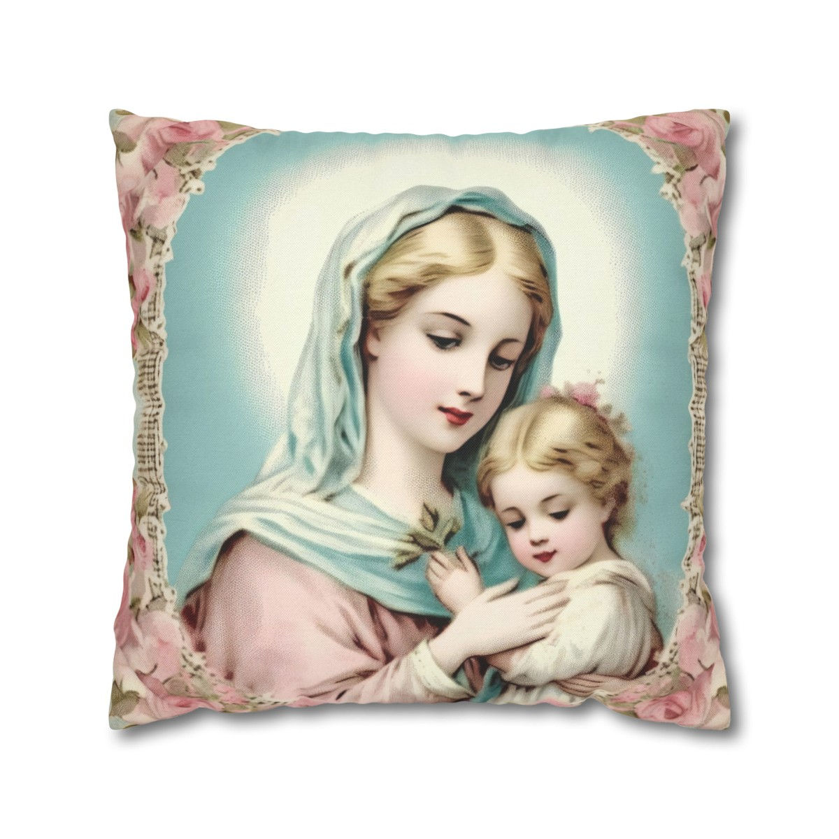 Shabby Chic Virgin Mary Throw Pillow cover Pink Roses Pastel Art Faith Decor